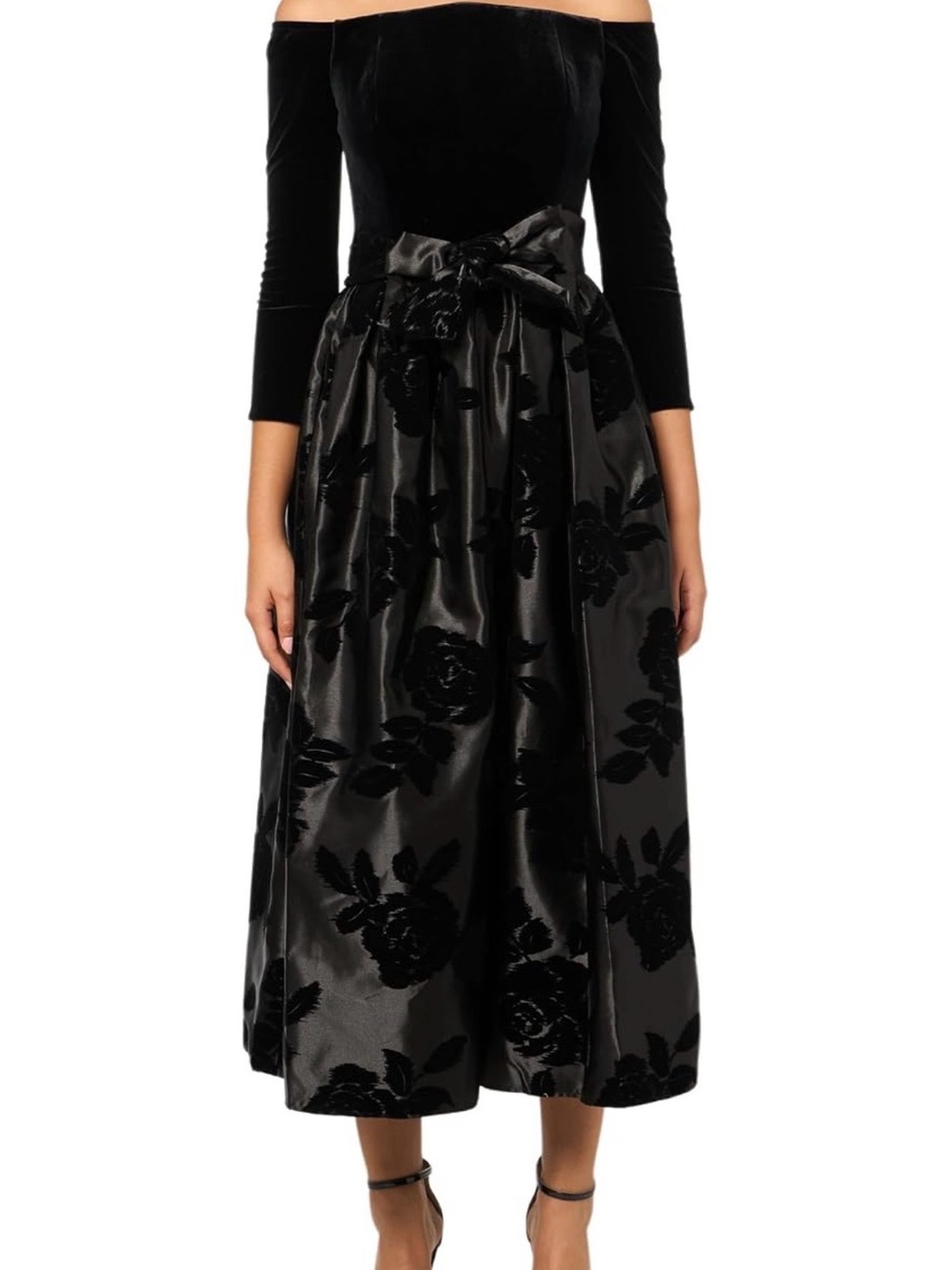 NWT Shoshanna Midnight Otis Black Velvet Satin Combo Flocked Midi Cocktail Sz 6